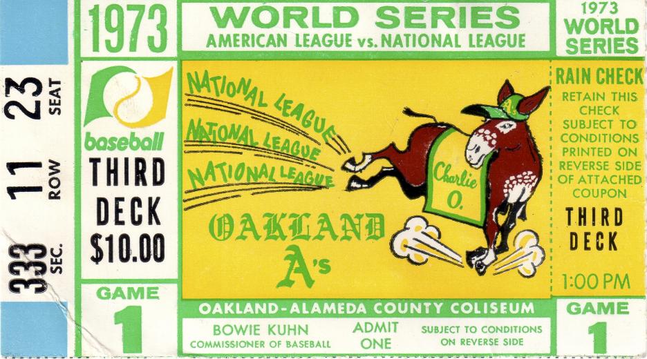 For the first game of the 1973 World Series against the New York Mets, an upper deck seat at the Oakland-Alameda County Coliseum could be purchased the day of the game at the A’s box office for $10. The A’s won three straight World Series championships from 1972 to 1974.