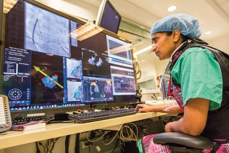 A large, high-resolution monitor shows images of the heart from the catheter, along with continuous EKG results. A large, high-resolution monitor shows images of the heart from the catheter, along with continuous EKG results.