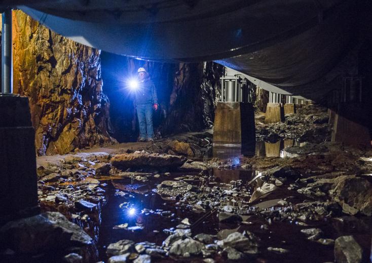 SMUD worker Dan Lund performing a survey of the Union Valley penstock tunnel, which carries water to the Union Valley Power House. SMUD worker Dan Lund performing a survey of the Union Valley penstock tunnel, which carries water to the Union Valley Power House.