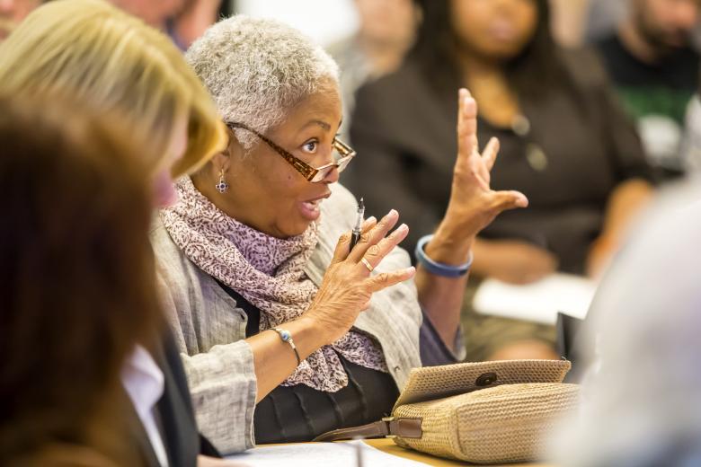 Freelance curator and panel member Lizzetta LeFalle-Collins clarifies an item in the proposed budget for regional art at the new downtown arena. Freelance curator and panel member Lizzetta LeFalle-Collins clarifies an item in the proposed budget for regional art at the new downtown arena.