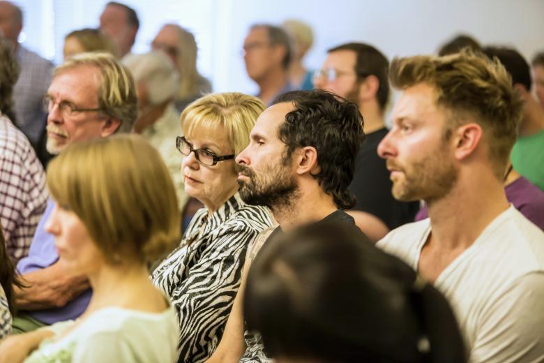 Carlin Naify, president of the board for the Verge Center for the Arts, is flanked by artists including William Ishmael (left), Jose Di Gregorio and Micah Crandall-Bear. A total of 55 observers signed in for the meeting. Carlin Naify, president of the board for the Verge Center for the Arts, is flanked by artists including William Ishmael (left), Jose Di Gregorio and Micah Crandall-Bear. A total of 55 observers signed in for the meeting.