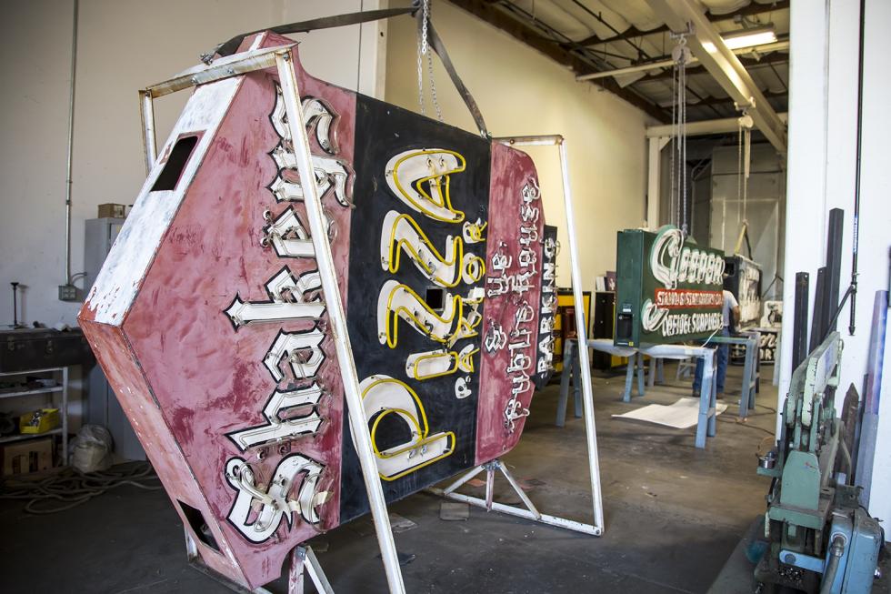  The original Shakey’s Pizza Parlor sign awaits refurbishment before it can be hung in the Golden 1 Center. (Photos by Joan Cusick)