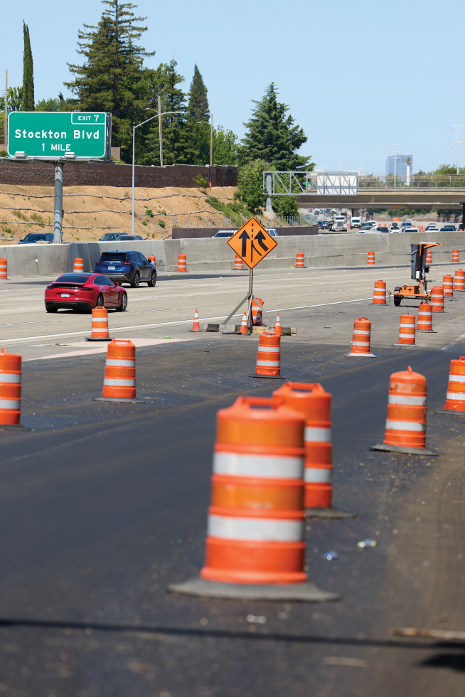 Cones mark an area of road work near the Stockton Boulevard exit. (Photo by Fred Greaves)