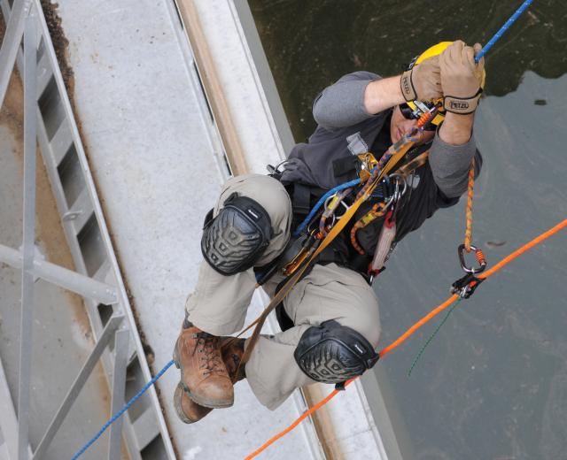 Christopher Abela, a civil engineer with the U.S. Army Corps of Engineers Sacramento District, ascends a climbing rope during an inspection at New Hogan Dam near Valley Springs.

(photo: Courtesy U.S. army corps of engineers)