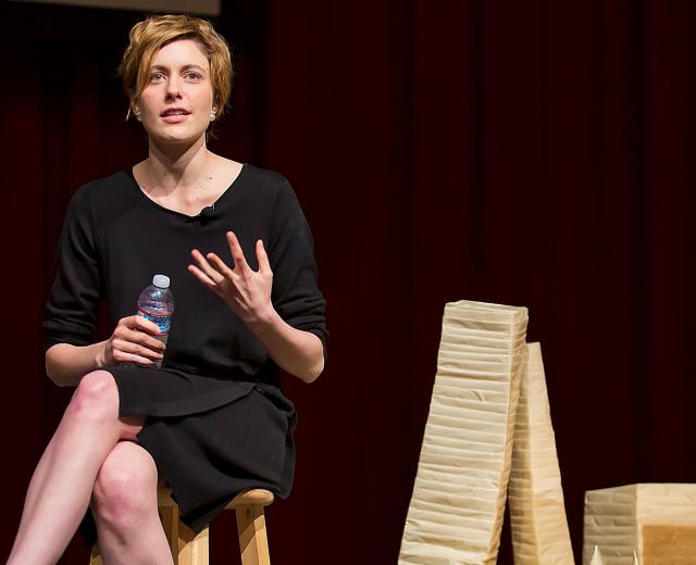 Greta Gerwig delivering her keynote speech at the annual Metro Edge Emerge Summit on March 18. 