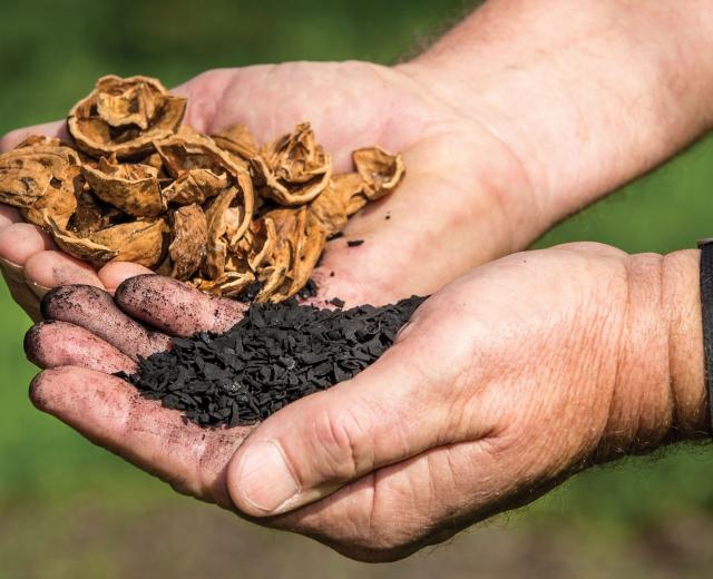 Walnut shells are turned into biochar at
Dixon Ridge Farms.