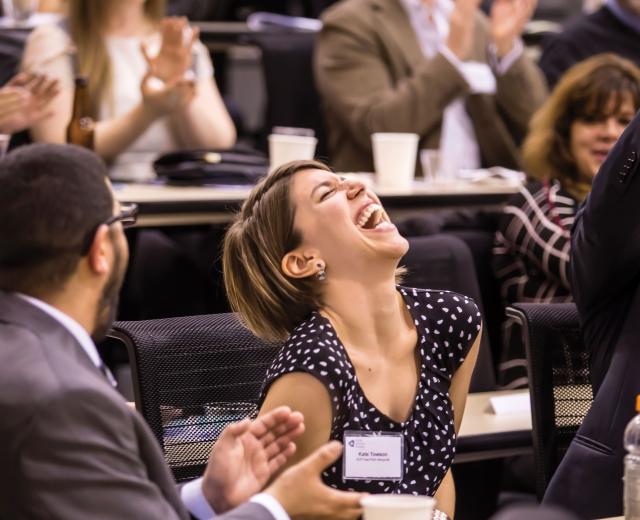 Kate Towson of Women's Empowerment reacts to winning the $10,000 Judges Award at SVP's Fast Pitch, an event that rewards nonprofits with a plan.