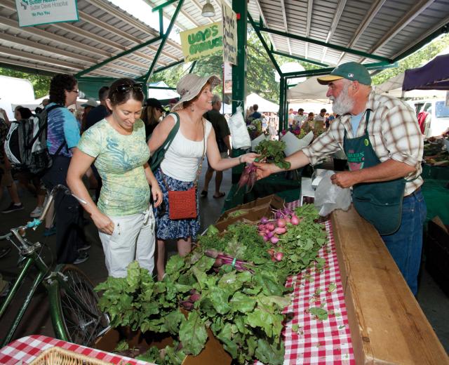 Customers browse the offerings at Davis’s farmers market on Saturday afternoon.