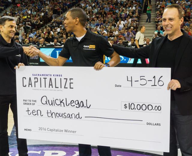 From left: Kings owner Vivek Ranadive, Derek Bluford and Velocity Capital General Partner Jack Crawford. Bluford’s business, Quicklegal, won the Sacramento Kings Capitalize competition in April. (Photography courtesy of John Jacobs) 