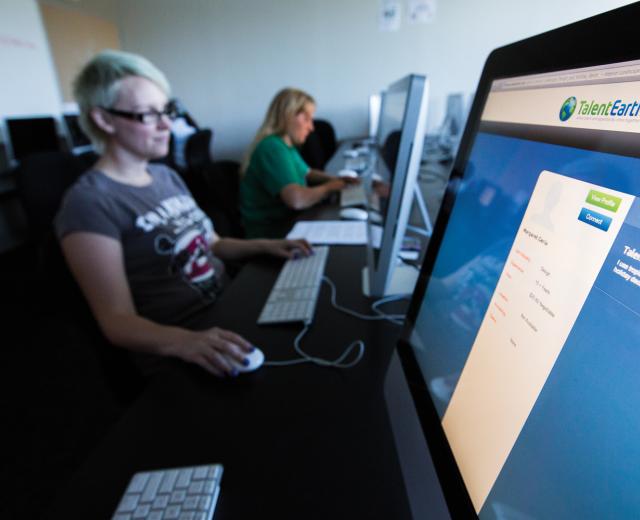 Jade Heather, game design student at the Art Institute of California, Sacramento, works on her TalentEarth profile.