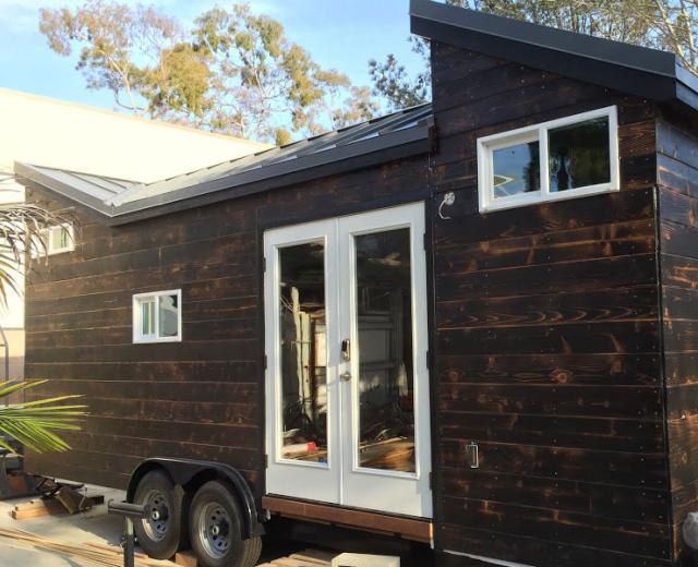 Chris Silva's tiny home during construction. The siding and roof are completely done. 