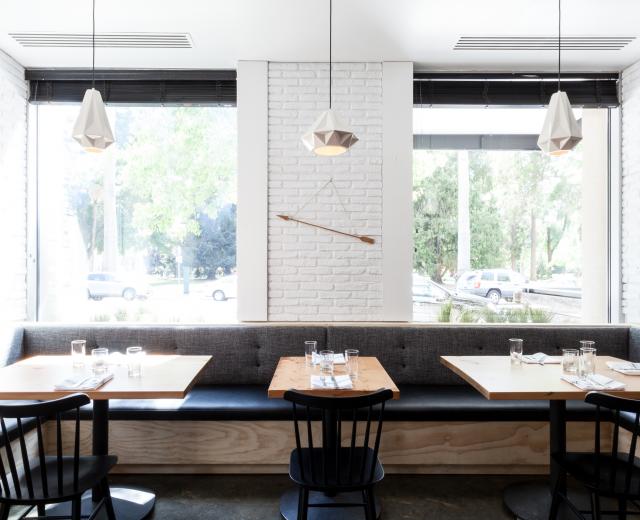 Schmitt Design's Aspect Pendants are installed at Hock Farm in downtown Sacramento. (Photo by Kat Alves)
