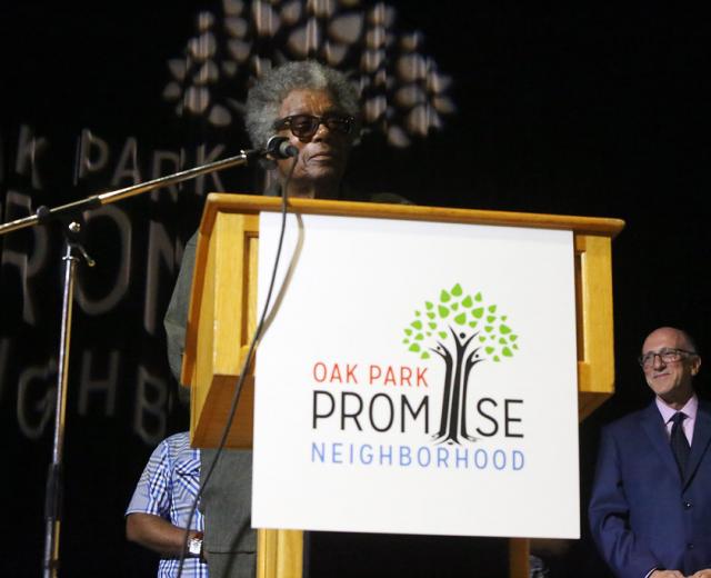Long-time Oak Park resident Norman Blackwell Sr. speaks during the Oak Park Promise kickoff event at the Guild Theater in July. (Photo courtesy Maria Christie)