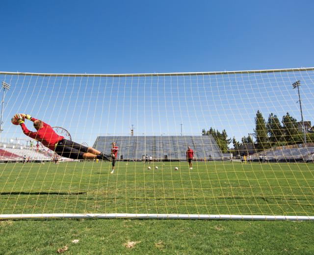 Dominik Jakubek, one of two goalkeepers for Sacramento Republic FC, makes a diving save on a shot during practice at Bonney Field. Jakubek joined the franchise as an original member in 2014. He was 34 years old when he was signed. 