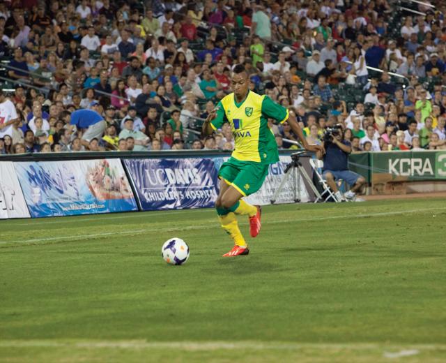 Nathan Redmon from Norwich City F.C. carries the ball during his team’s friendly match at Raley Field during Sacramento Soccer Day on July 18, 2013.