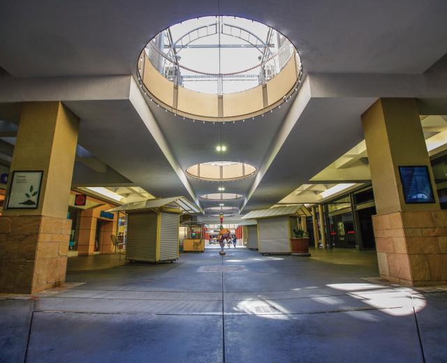 Downtown Plaza at 5th and K streets looking eastward toward the possible location of a new arena’s center court.