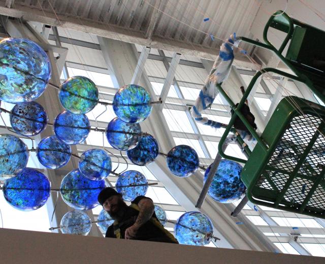 Bryan Valenzuela’s half-completed sculpture, “Multitudes Converge,” is unveiled at the Golden 1 Center in Sacramento. (Photos by Sena Christian)