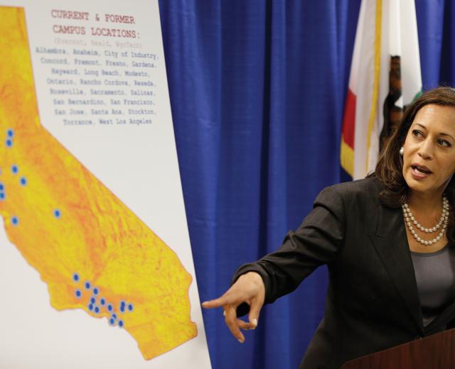 California Attorney General Kamala Harris points during a news conference to a display showing the location of Corinthian Colleges in California. 

(photo by © Eric Risberg/ /AP/Corbis)