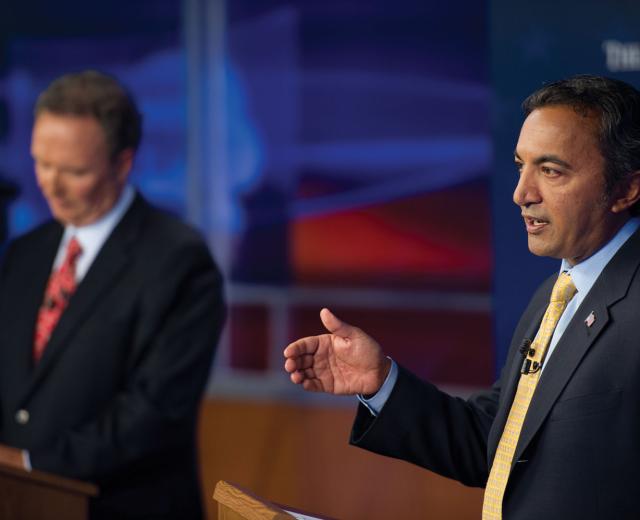 Newly elected Congressman Ami Bera, a Democrat (right), debates Republican opponent Dan Lungren, whom Bera ousted from California’s 3rd Congressional District seat in the November 2012 election.
