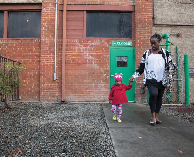 Following breakfast at Maryhouse, Lanisha Jean and her daughter Khloe will spend the day at Women’s Empowerment where Lanisha, a graduate of the program, will use the computers to job hunt before returning to the VOA shelter where they sleep.