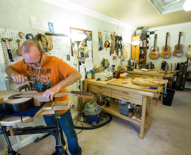 Waylin Carpenter has been building custom, classical guitars in his home workshop in Sacramento since 2000. Carpenter makes 5-, 6- and 7-string guitars, and each can take 150 to 200 hours to complete. 