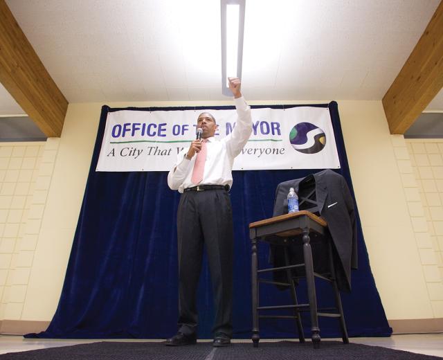 Kevin Johnson gets face time with constituents at a town hall meeting at George Sim Community Center.