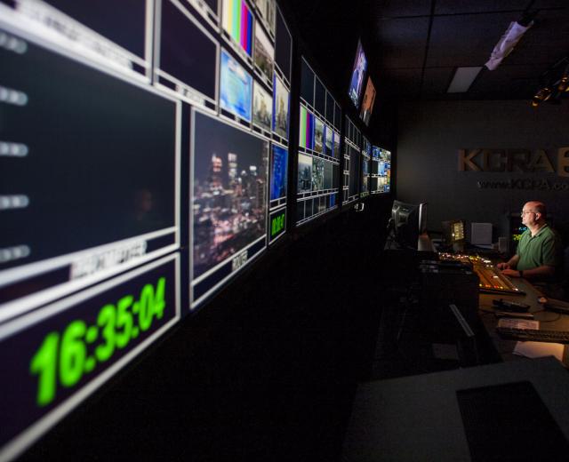 It's nearly go time, and the five monitors in the control room at Sacramento's KCRA-TV are about to be filled with more than 80 different video and audio sources from satellite feeds, traffic cameras, helicopters, live trucks and a half-dozen reporters. 