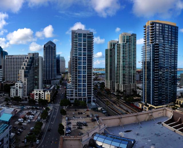 Panoramic view from a high rise condo balcony in the Little Italy area of San Diego.
