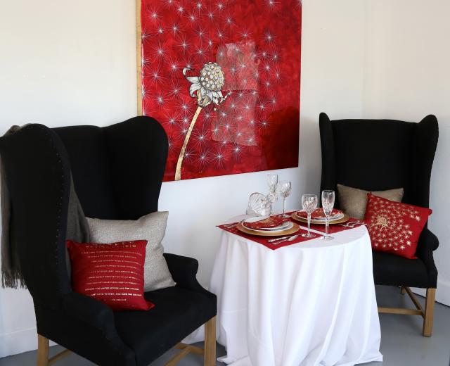 Maren Conrad's artwork with complementary linens from Prosper Design Studio. (photo: Joan Cusick)