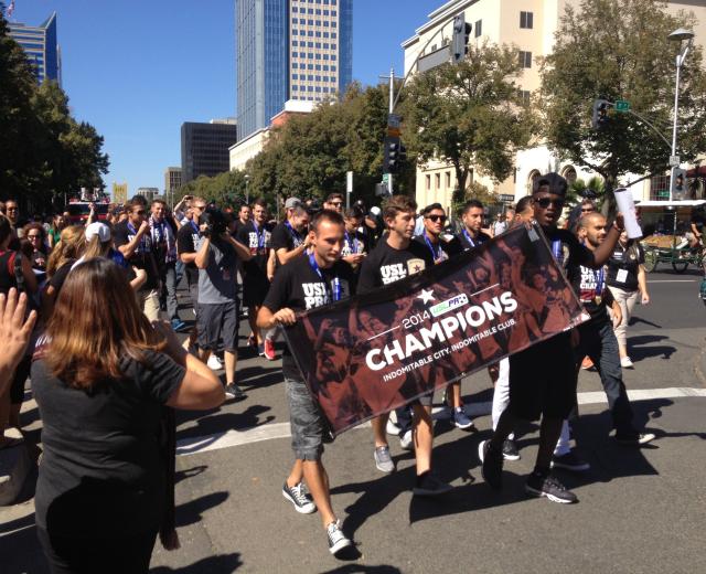 Fans and players rally in downtown Sacramento after the Sacramento Republic FC won its championship game against the Harrisburg City Islanders on Sept. 27