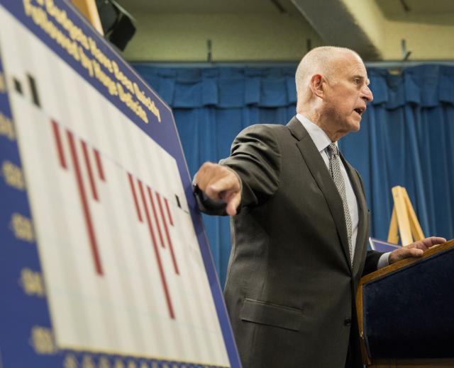 Gov. Jerry Brown announcing the 2015-2016 fiscal year budget proposal at the State Capitol last May

(Photo: Ken James for Bloomberg News)