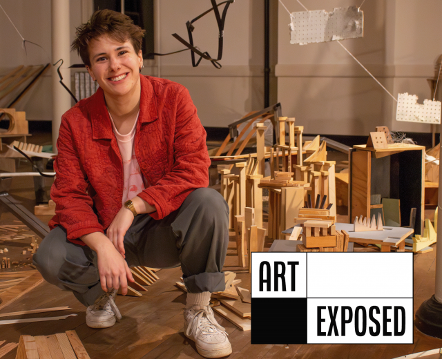 Luka Vergoz, a UC Davis MFA alum, poses with his sculptures at Headlands Center for the Arts. (Photos courtesy of Luka Vergoz)