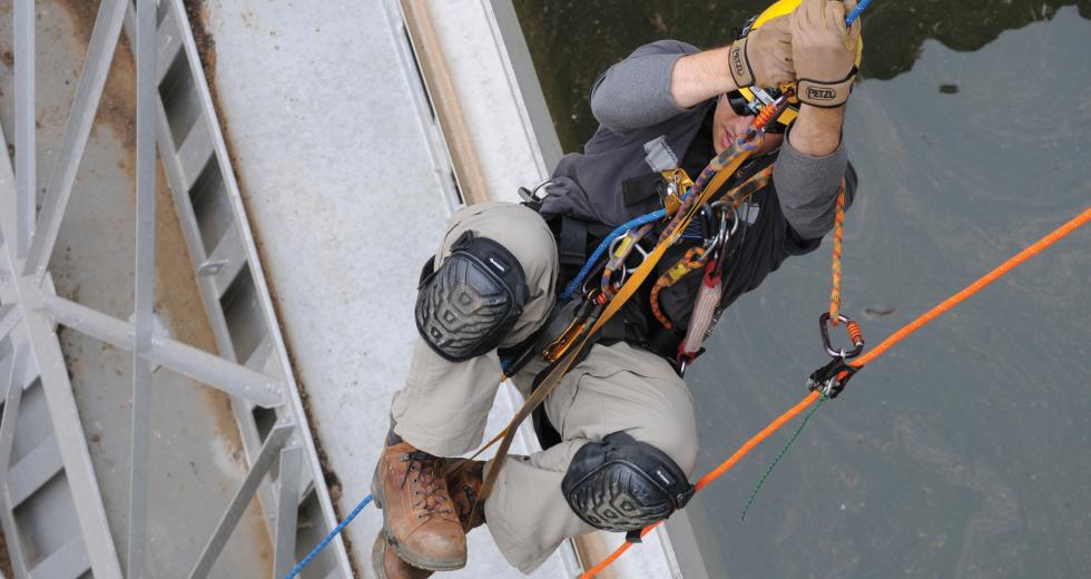 Christopher Abela, a civil engineer with the U.S. Army Corps of Engineers Sacramento District, ascends a climbing rope during an inspection at New Hogan Dam near Valley Springs.

(photo: Courtesy U.S. army corps of engineers)
