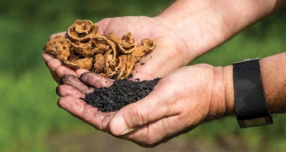 Walnut shells are turned into biochar at
Dixon Ridge Farms.