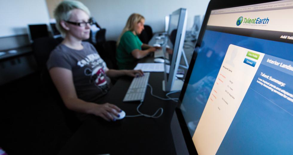 Jade Heather, game design student at the Art Institute of California, Sacramento, works on her TalentEarth profile.