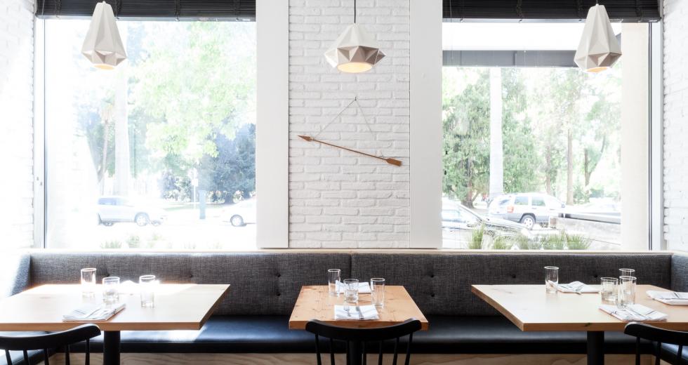 Schmitt Design's Aspect Pendants are installed at Hock Farm in downtown Sacramento. (Photo by Kat Alves)