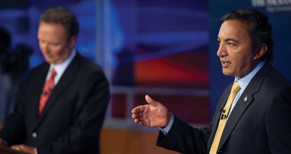 Newly elected Congressman Ami Bera, a Democrat (right), debates Republican opponent Dan Lungren, whom Bera ousted from California’s 3rd Congressional District seat in the November 2012 election.
