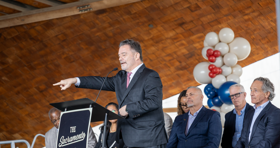 Barry Broome, president and CEO of the Greater Sacramento Economic Council, at the May 28 news conference, said seeking a team will be a “litmus test” for what defines Sacramento in the future. (Photo by Steve Martarano)