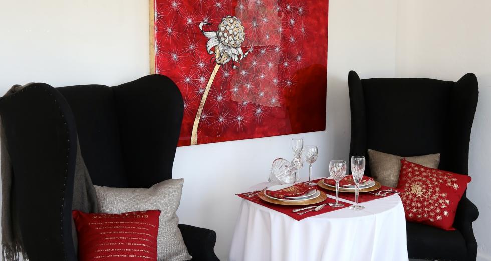 Maren Conrad's artwork with complementary linens from Prosper Design Studio. (photo: Joan Cusick)