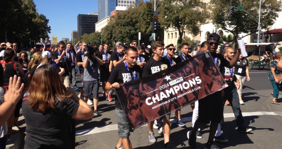 Fans and players rally in downtown Sacramento after the Sacramento Republic FC won its championship game against the Harrisburg City Islanders on Sept. 27