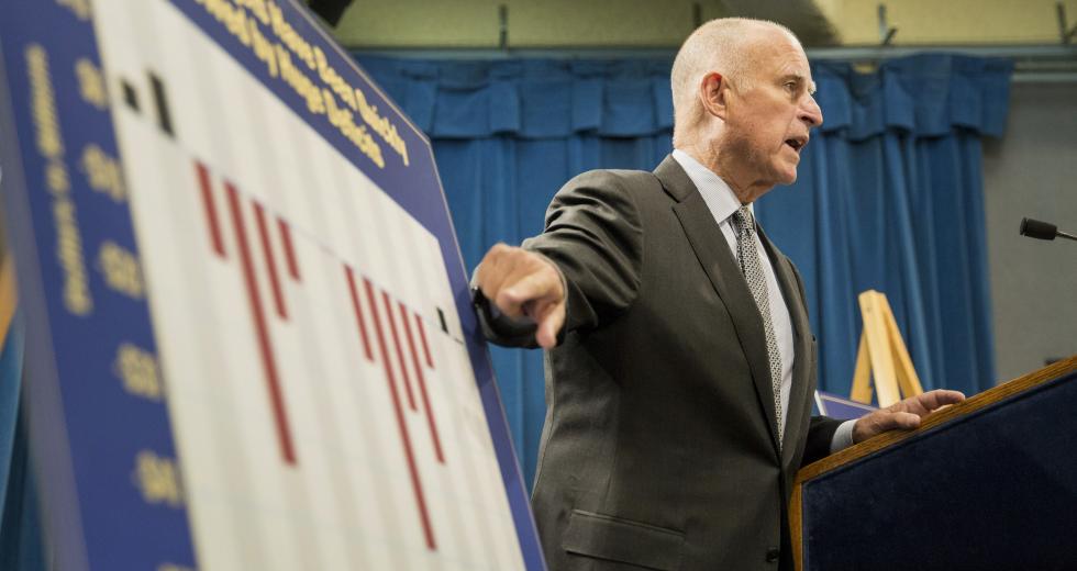 Gov. Jerry Brown announcing the 2015-2016 fiscal year budget proposal at the State Capitol last May

(Photo: Ken James for Bloomberg News)