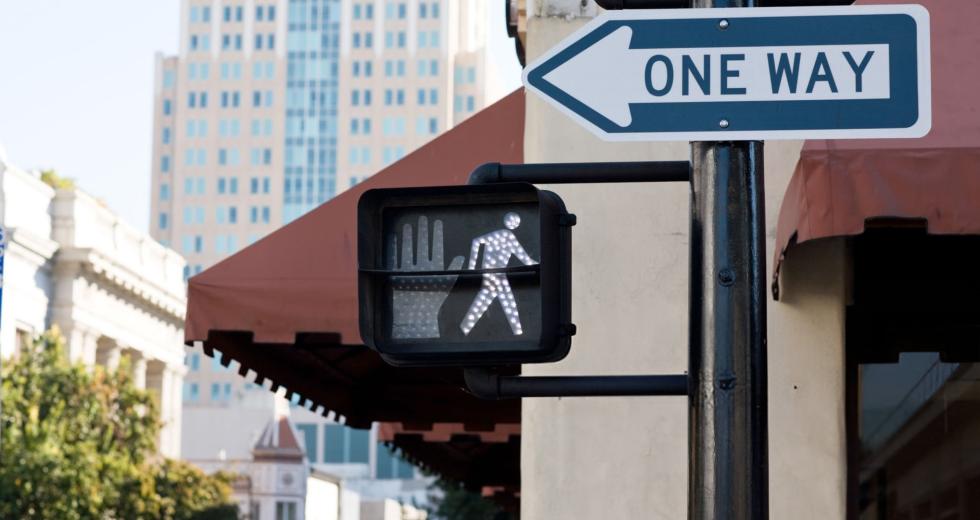 A one-way street sign in downtown Sacramento. (Shutterstock photo)