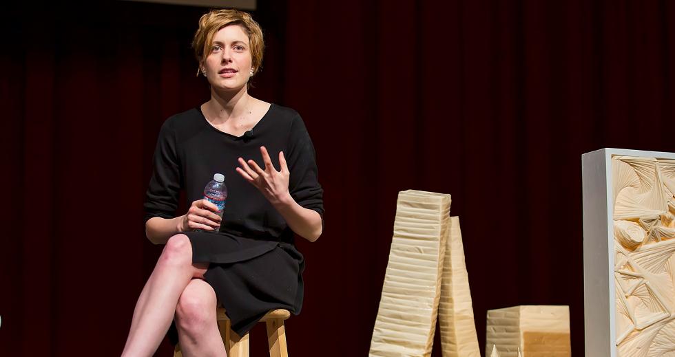 Greta Gerwig delivering her keynote speech at the annual Metro Edge Emerge Summit on March 18. 