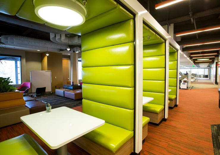 Working closely with Stantec to capture diverse perspectives on functionality led to a bold departure from the classic cube. “The space supports a principle of open collaboration across our teams,” Lemecha says. “The colors are a reflection of the logo colors of each of our five lines of business.” The physical shift from individual deskwork to meetings and team projects is structured to flow organically through the building, a reflection of the constant innovation at which VSP Global aims.
 Working closely with Stantec to capture diverse perspectives on functionality led to a bold departure from the classic cube. “The space supports a principle of open collaboration across our teams,” Lemecha says. “The colors are a reflection of the logo colors of each of our five lines of business.” The physical shift from individual deskwork to meetings and team projects is structured to flow organically through the building, a reflection of the constant innovation at which VSP Global aims.