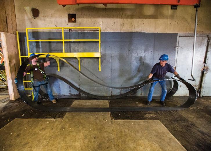 In order to make a straight, smooth cut through the core of a tree, loggers at Sierra Pacific Industries must keep their massive saw blades sharp. Equipment Operator Brandon Rogers helps saw-filer Scott Andersen change out a worn blade. In order to make a straight, smooth cut through the core of a tree, loggers at Sierra Pacific Industries must keep their massive saw blades sharp. Equipment Operator Brandon Rogers helps saw-filer Scott Andersen change out a worn blade.