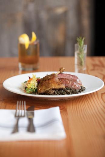 Duck Confit and Pork Sausage with green lentils, duck fat fingerlings, frisee, bacon, stonefruit and champagne vinaigrette paired with Original Formula Manhattan made with James E. Pepper 1776 rye whiskey, Vya sweet vermouth, Small Hand Foods gum syrup and house citrus bitters