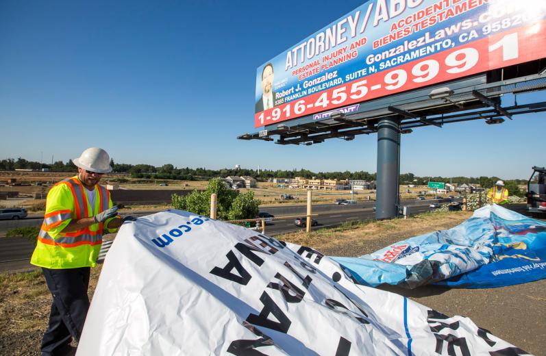 The vinyl can come in one piece or in multiple panels seamed together, depending on the size of the vinyl being installed, says Operations Manager Forrest Porter. In the Sacramento area alone, Outfront operates 610 bulletins, 848 posters and seven digital displays.
 The vinyl can come in one piece or in multiple panels seamed together, depending on the size of the vinyl being installed, says Operations Manager Forrest Porter. In the Sacramento area alone, Outfront operates 610 bulletins, 848 posters and seven digital displays.