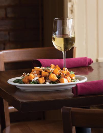 Roasted butternut squash on spinach with bacon crumbles, red onion, toasted almonds, goat cheese and brown-sugar vinaigrette. Paired with a 2012 Madroña Dry Riesling Roasted butternut squash on spinach with bacon crumbles, red onion, toasted almonds, goat cheese and brown-sugar vinaigrette. Paired with a 2012 Madroña Dry Riesling