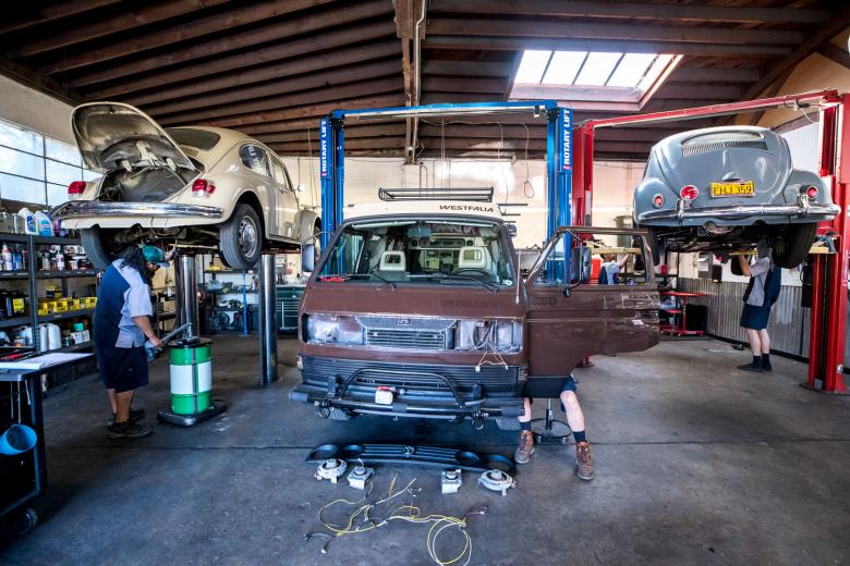 The business now covers over 12,000-square-feet of space across three buildings in the Triangle District. While repair brings in the bulk of revenue, restoration is where Campbell’s passion lies. There is rarely a slow day at the Kombi Haus VW repair garage. Cars often queue up along the curb outside, and the repair department’s nine technicians complete 10-12 projects a day.
