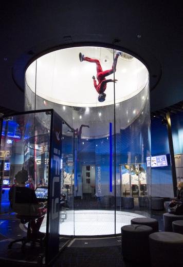 Instructor Charles Reid leads a training of his peers at iFly in Roseville. Reid, 30, started working for iFly eight years ago. At 19 years old, he moved to California and took a job at the Port of Oakland, he says. “I looked left and right, and thought, this is not for me. So I walked out at lunch.” Within a month, he’d found an advertisement on Craigslist seeking applicants for the iFly in the Bay Area